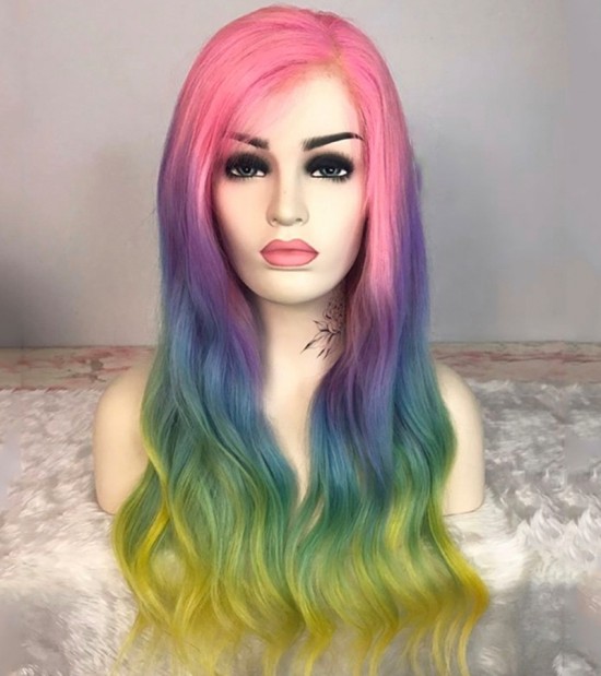 Rainbow Colored Straight Lace Front Wig Brazilian Transparent Lace Wig