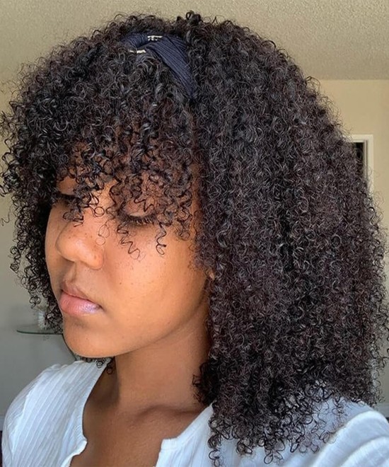 Dolago Afro Kinky Curly Machine Headband Hair Wigs With Bang For Black Women For Sale Natural Hair With Baby Hair 150 Density Cheap Mongolian Curly Half Human Hair Headband None Lace Wigs